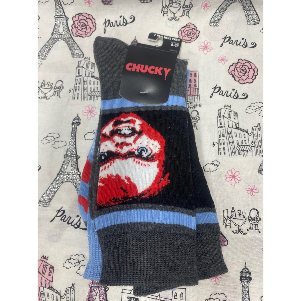 Bioworld Chucky Childs Play Horror Movie 2 Pack Mens Crew Socks Grey Blue 8-12